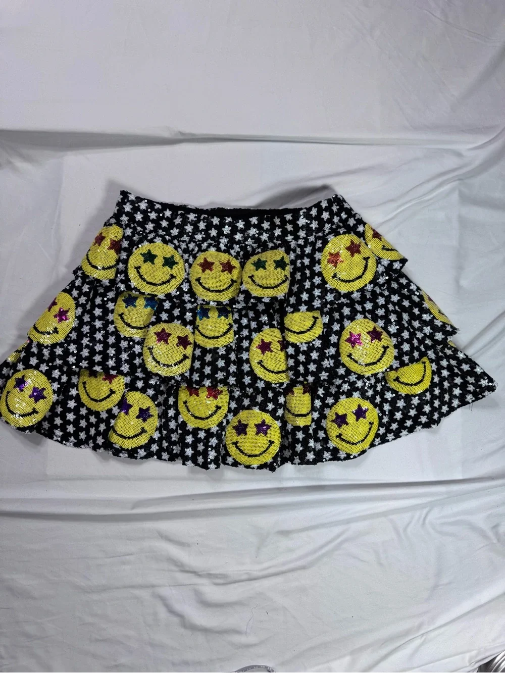 Queen of Sparkles Black Smiley Sequin Tiered Mini Skirt